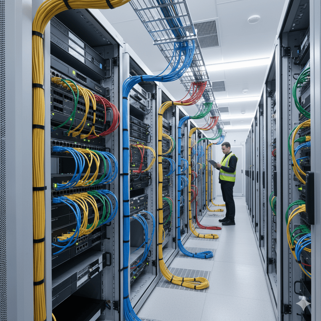 Cabeamento estruturado em rack de data center | Infraestrutura física de redes
