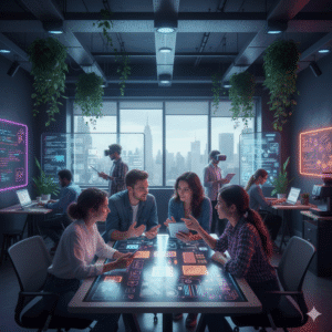 Equipe inovadora de TI colaborando em uma sala futurista com telas interativas e elementos de realidade virtual.