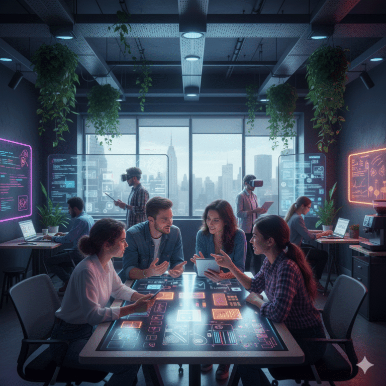 Equipe inovadora de TI colaborando em uma sala futurista com telas interativas e elementos de realidade virtual.