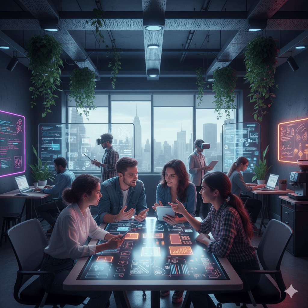 Equipe inovadora de TI colaborando em uma sala futurista com telas interativas e elementos de realidade virtual.