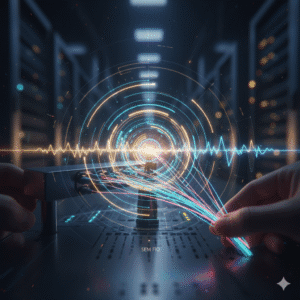 Conectividade moderna: mãos manipulando cabos de fibra óptica e ondas sem fio em um ambiente de servidor, simbolizando sistemas de transmissão de dados.