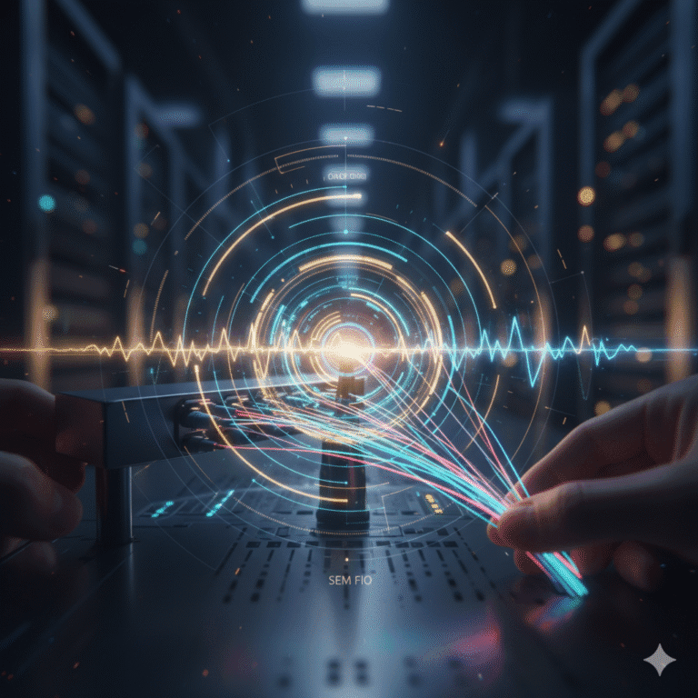 Conectividade moderna: mãos manipulando cabos de fibra óptica e ondas sem fio em um ambiente de servidor, simbolizando sistemas de transmissão de dados.