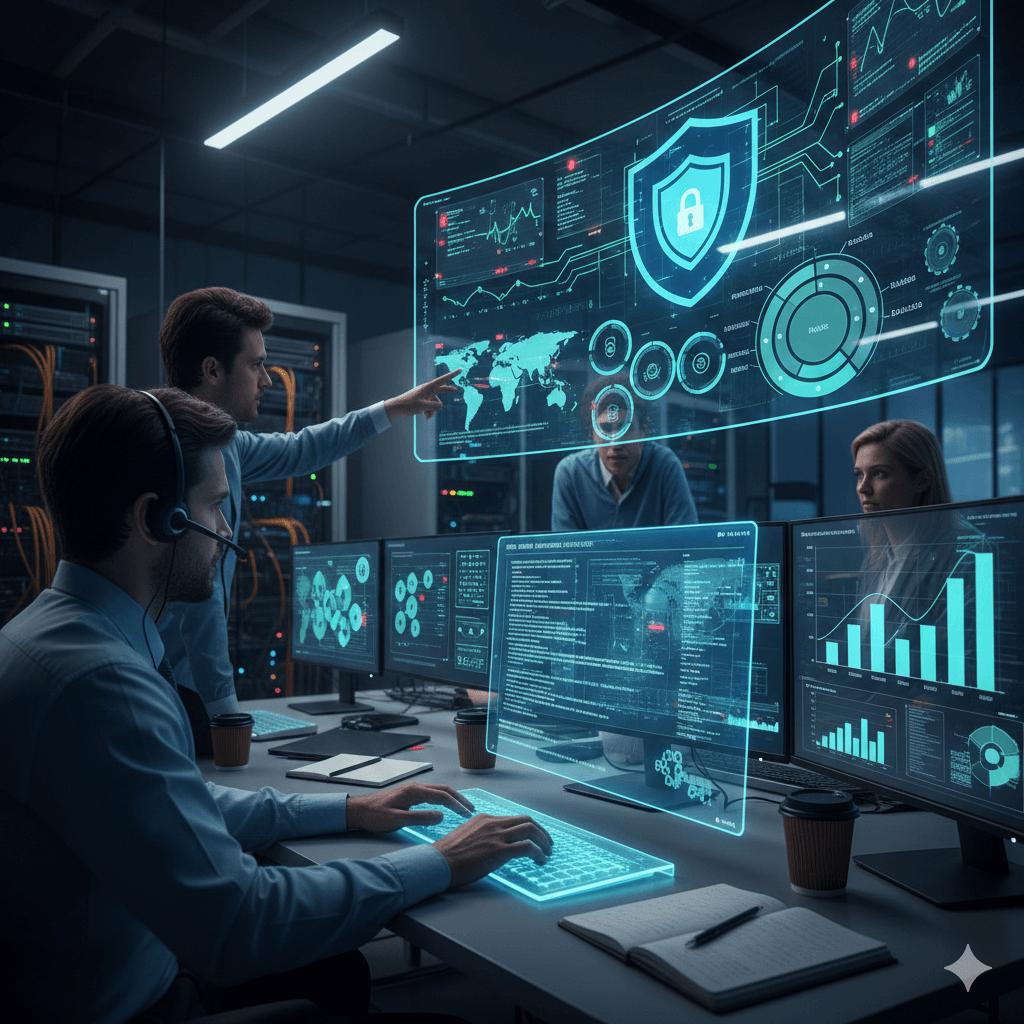 Profissionais de cibersegurança em um centro de operações de segurança (SOC) monitorando ameaças e protegendo dados em tempo real, com painéis de dados holográficos e gráficos de segurança.