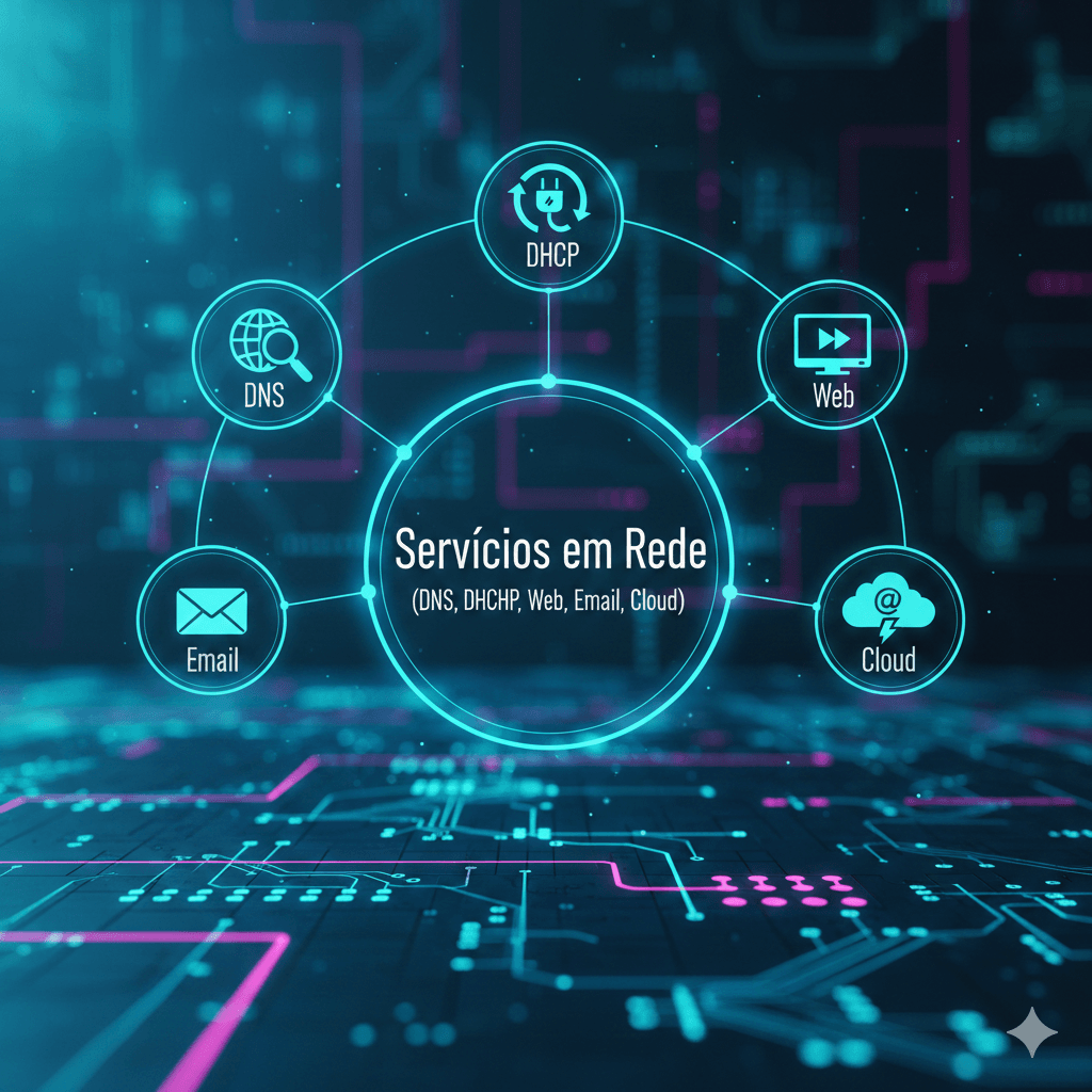 Diagrama digital e futurista que ilustra a interconexão de Serviços em Rede essenciais: DNS, DHCP, Web, Email e Cloud, destacando a frase "Serviços em Rede (DNS, DHCP, Web, Email, Cloud)" no centro.