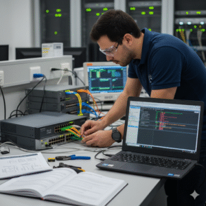 Engenheiro de redes em laboratório configurando switches e roteadores.