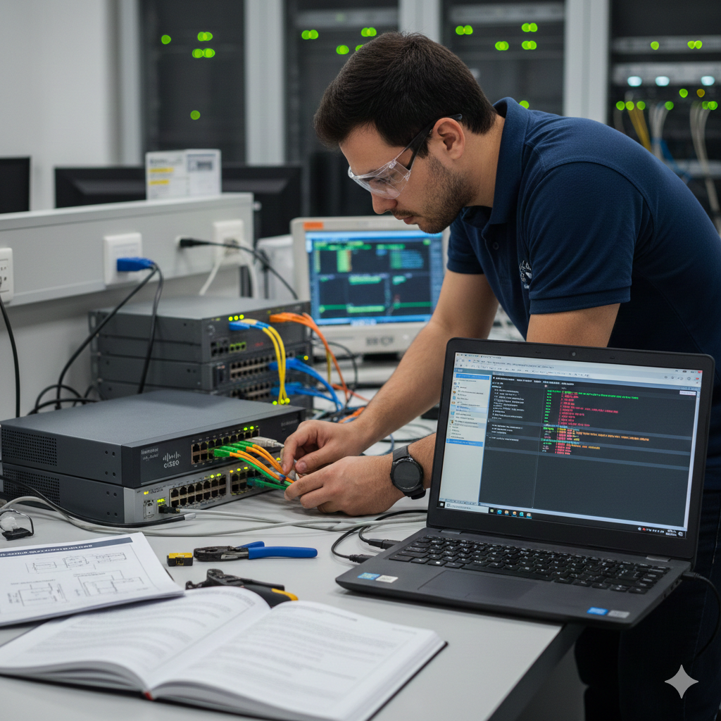 Engenheiro de redes em laboratório configurando switches e roteadores.