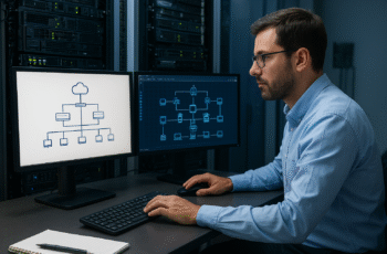 Homem em ambiente de TI gerenciando projeto de rede de computadores em estação de trabalho diante de monitores e servidores.