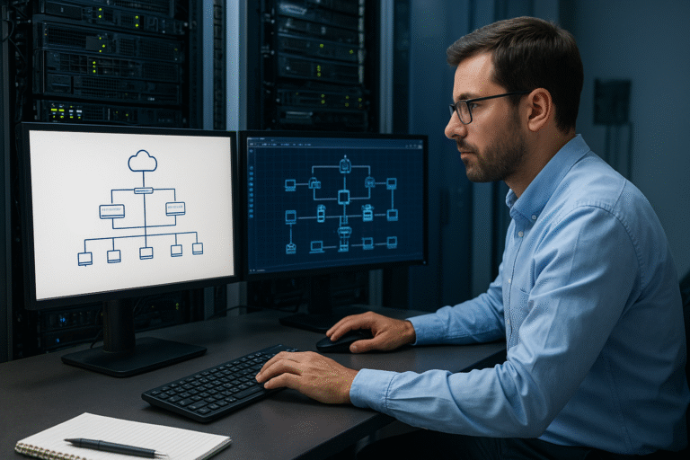 Homem em ambiente de TI gerenciando projeto de rede de computadores em estação de trabalho diante de monitores e servidores.