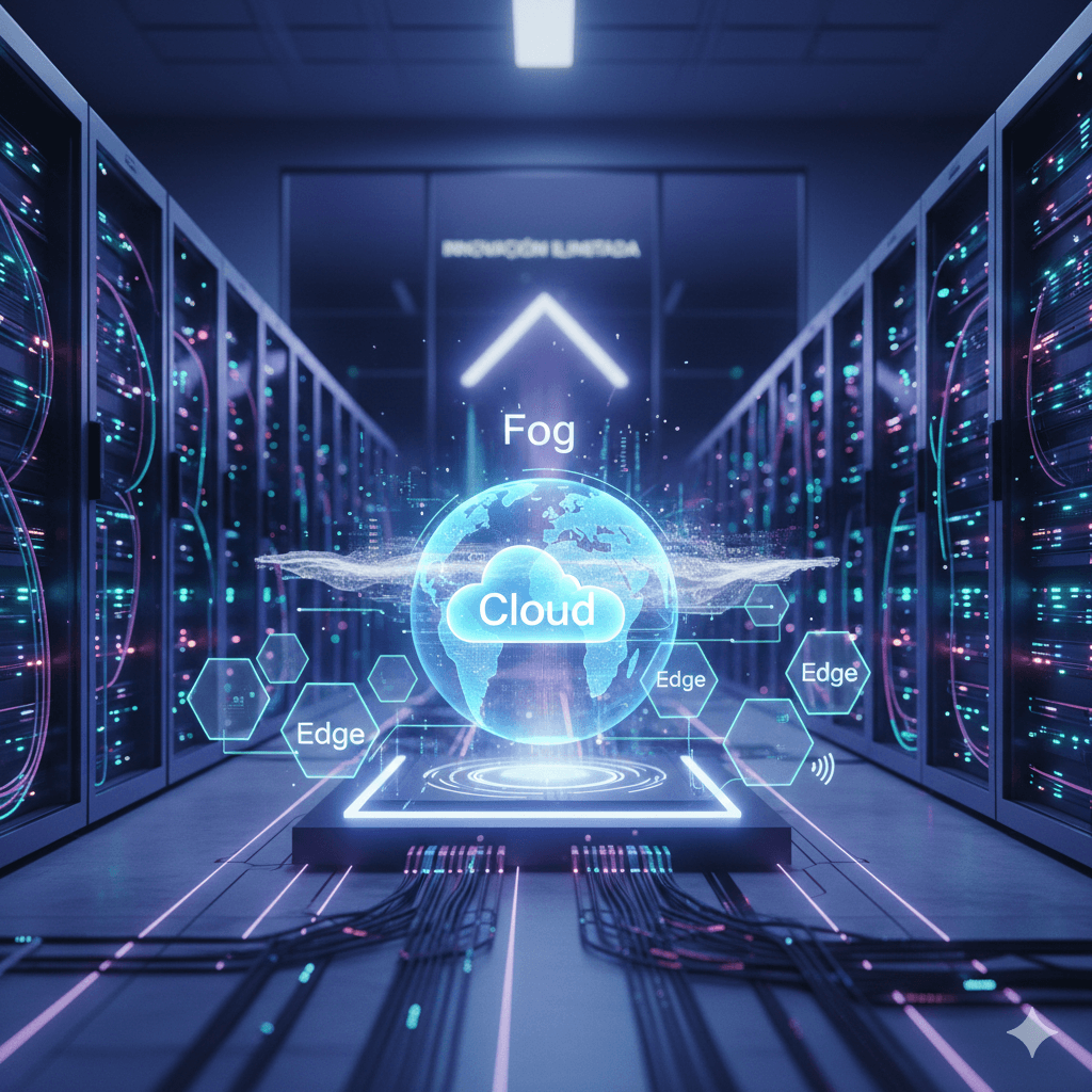 Servidor de datacenter com visualização de Cloud, Edge e Fog Computing.