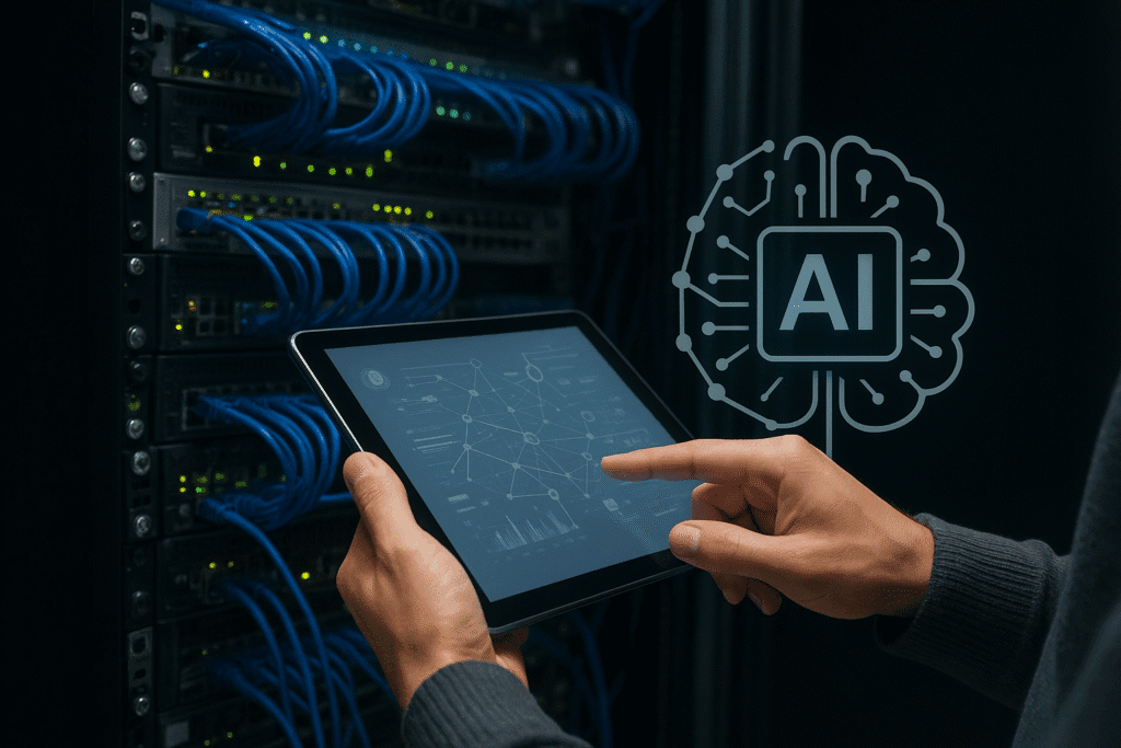 Infraestrutura de redes com inteligência artificial monitorada por tablet em ambiente de datacenter