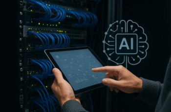 Infraestrutura de redes com inteligência artificial monitorada por tablet em ambiente de datacenter