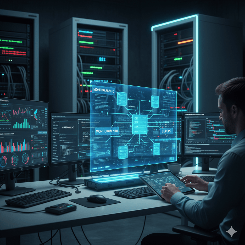 Engenheiro de rede monitorando e gerenciando infraestrutura com DevOps em datacenter.