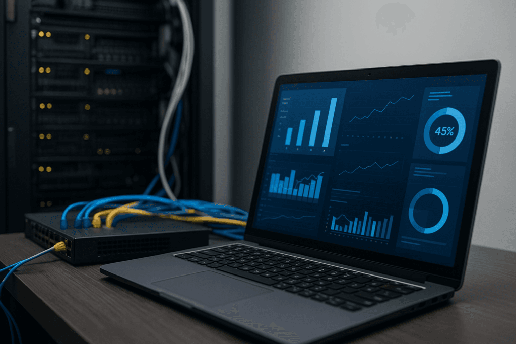 Laptop exibindo gráficos de monitoramento em ambiente de servidor e rack de rede