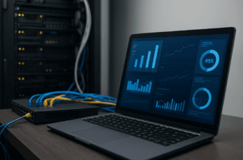Laptop exibindo gráficos de monitoramento em ambiente de servidor e rack de rede