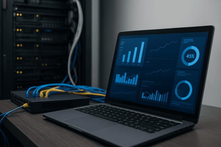 Laptop exibindo gráficos de monitoramento em ambiente de servidor e rack de rede