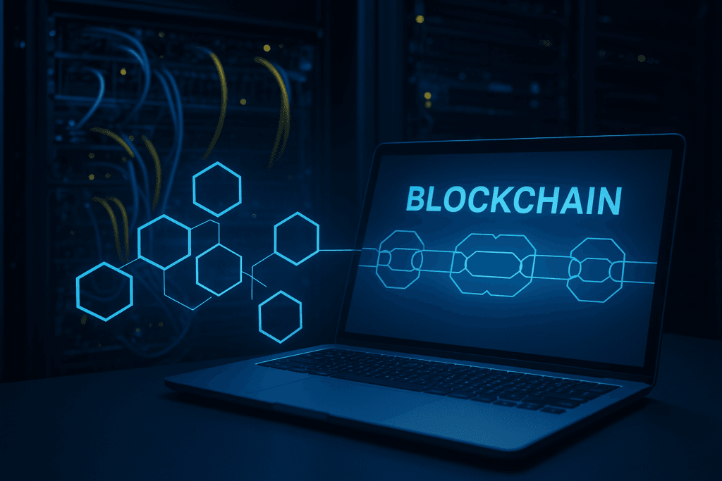 Blockchain – infraestrutura digital segura representada por laptop e servidores.