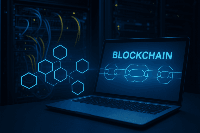 Blockchain – infraestrutura digital segura representada por laptop e servidores.