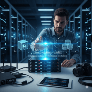 Configuração de virtualização e containers Docker Kubernetes em infraestrutura de redes com hardware e tablet de código.
