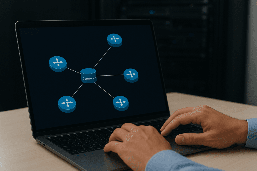 Rede SDN com controlador central e dispositivos virtualizados em operação