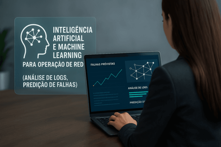Mulher analisando dados de Inteligência Artificial e Machine Learning para operação de redes em laptop, com gráficos de análise de logs e predição de falhas.
