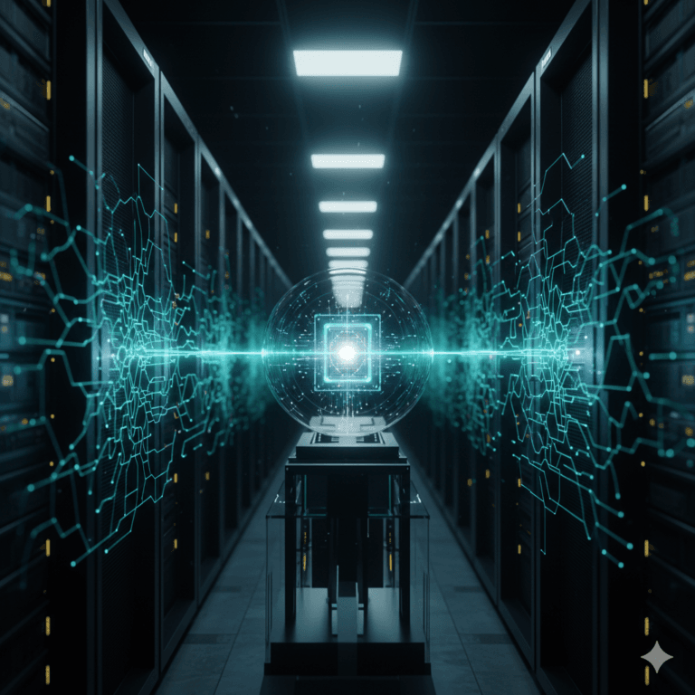 Fotografia realista de um data center de alta tecnologia com servidores iluminados por luzes neon azuis e núcleos pulsantes representando Redes Quânticas de infraestruturas computacionais.