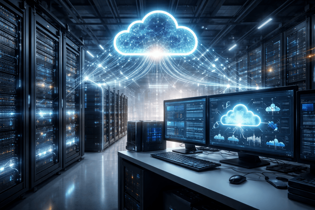 Rede corporativa com infraestrutura híbrida integrando nuvem e ambiente on-premises em data center empresarial moderno