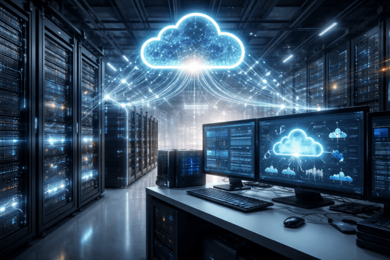 Rede corporativa com infraestrutura híbrida integrando nuvem e ambiente on-premises em data center empresarial moderno