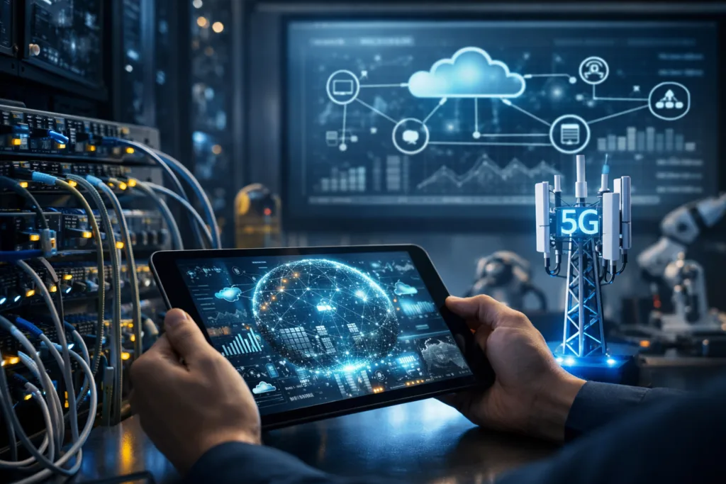 Infraestrutura de redes moderna com data center avançado, servidores de alta performance e conectividade inteligente