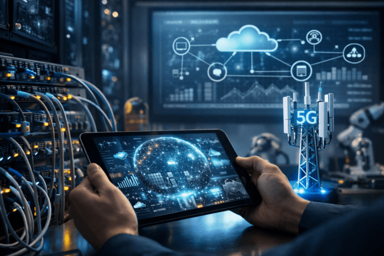 Infraestrutura de redes moderna com data center avançado, servidores de alta performance e conectividade inteligente