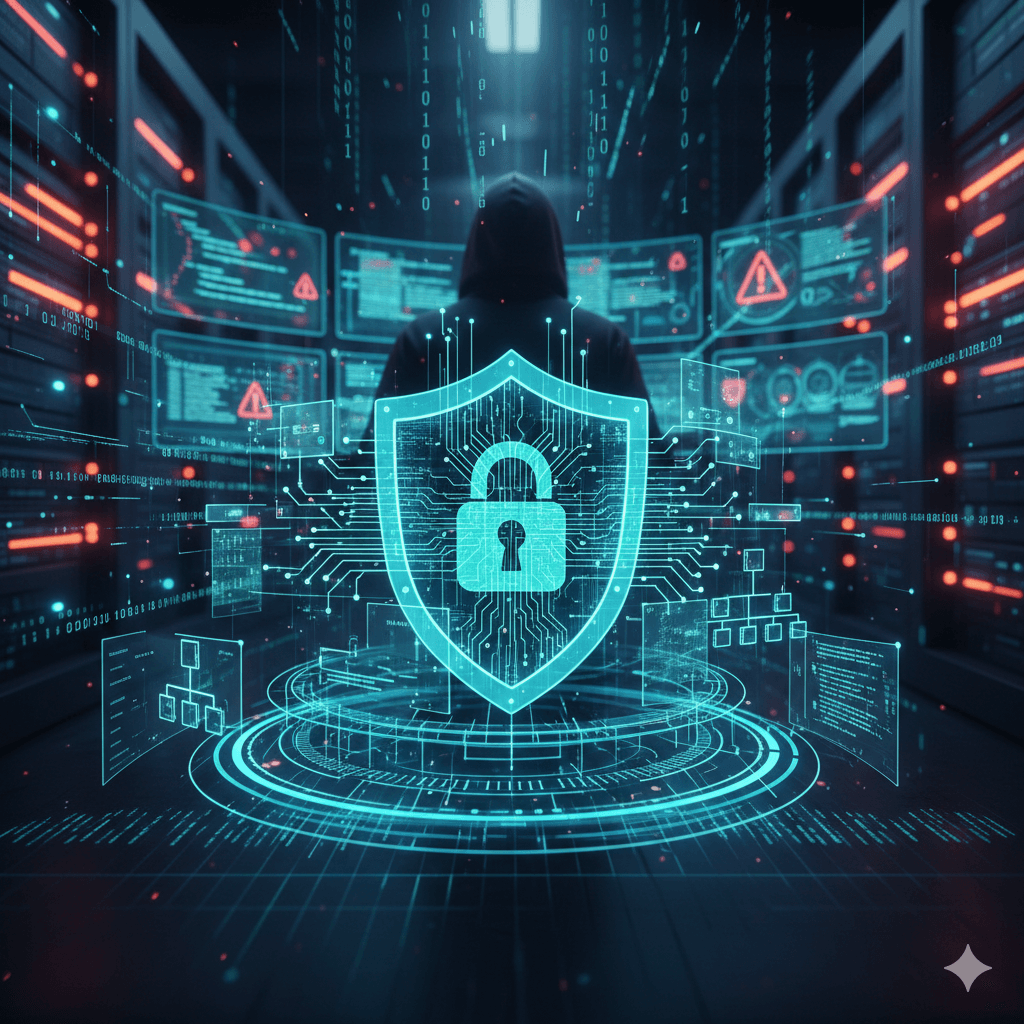 Representação visual de Segurança Cibernética com Programação Orientada a Objetos mostrando um escudo digital com cadeado protegendo um servidor em um datacenter futurista.