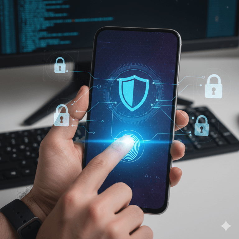 Conceito de autenticação sem senha com smartphone exibindo ícone de escudo e biometria digital em ambiente moderno.