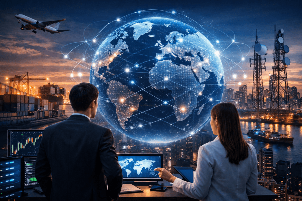 Empreendedorismo e mercado global de redes conectando negócios digitais em escala internacional