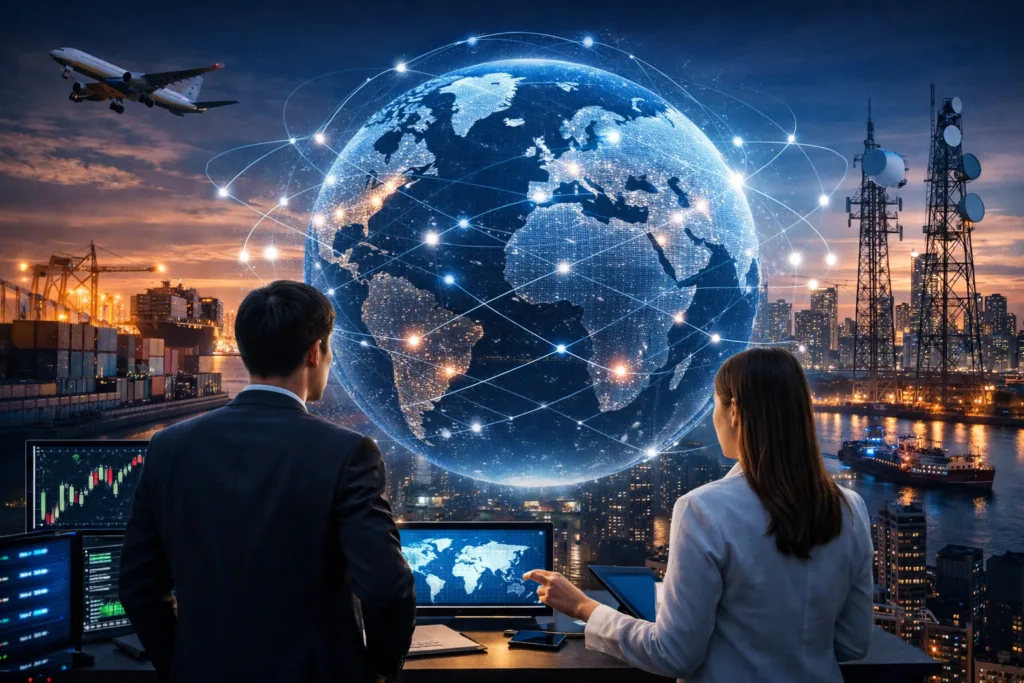 Empreendedorismo e mercado global de redes conectando negócios digitais em escala internacional