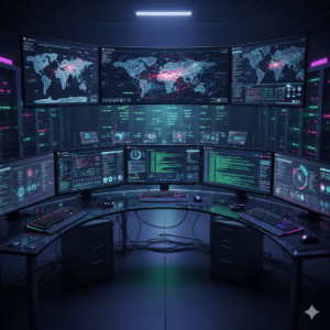 Centro de comando de cibersegurança avançado com telas exibindo mapas de ameaças globais e códigos de ética hacker em ambiente de alta tecnologia.