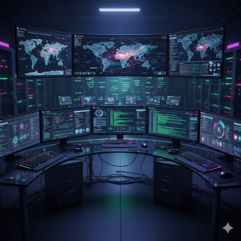 Centro de comando de cibersegurança avançado com telas exibindo mapas de ameaças globais e códigos de ética hacker em ambiente de alta tecnologia.