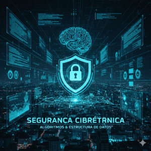 Representação realista de segurança cibernética com um escudo digital brilhante, um cérebro eletrônico simbolizando algoritmos e estruturas de dados sobre uma cidade tecnológica à noite.