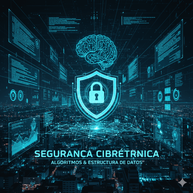 Representação realista de segurança cibernética com um escudo digital brilhante, um cérebro eletrônico simbolizando algoritmos e estruturas de dados sobre uma cidade tecnológica à noite.