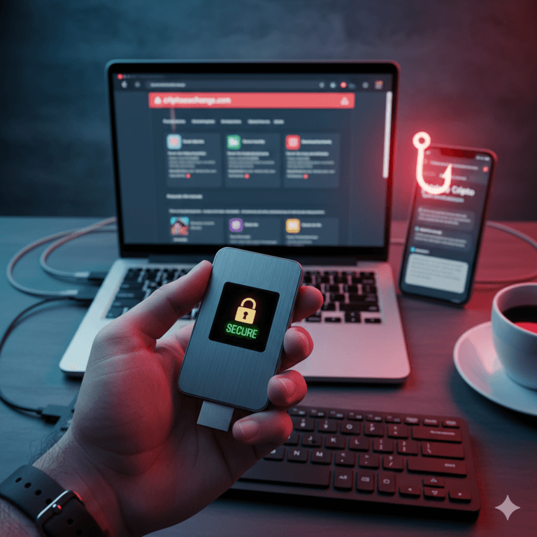 Mão masculina segurando uma hardware wallet segura em frente a um computador com alerta de phishing de criptomoedas e um anzol digital brilhante.