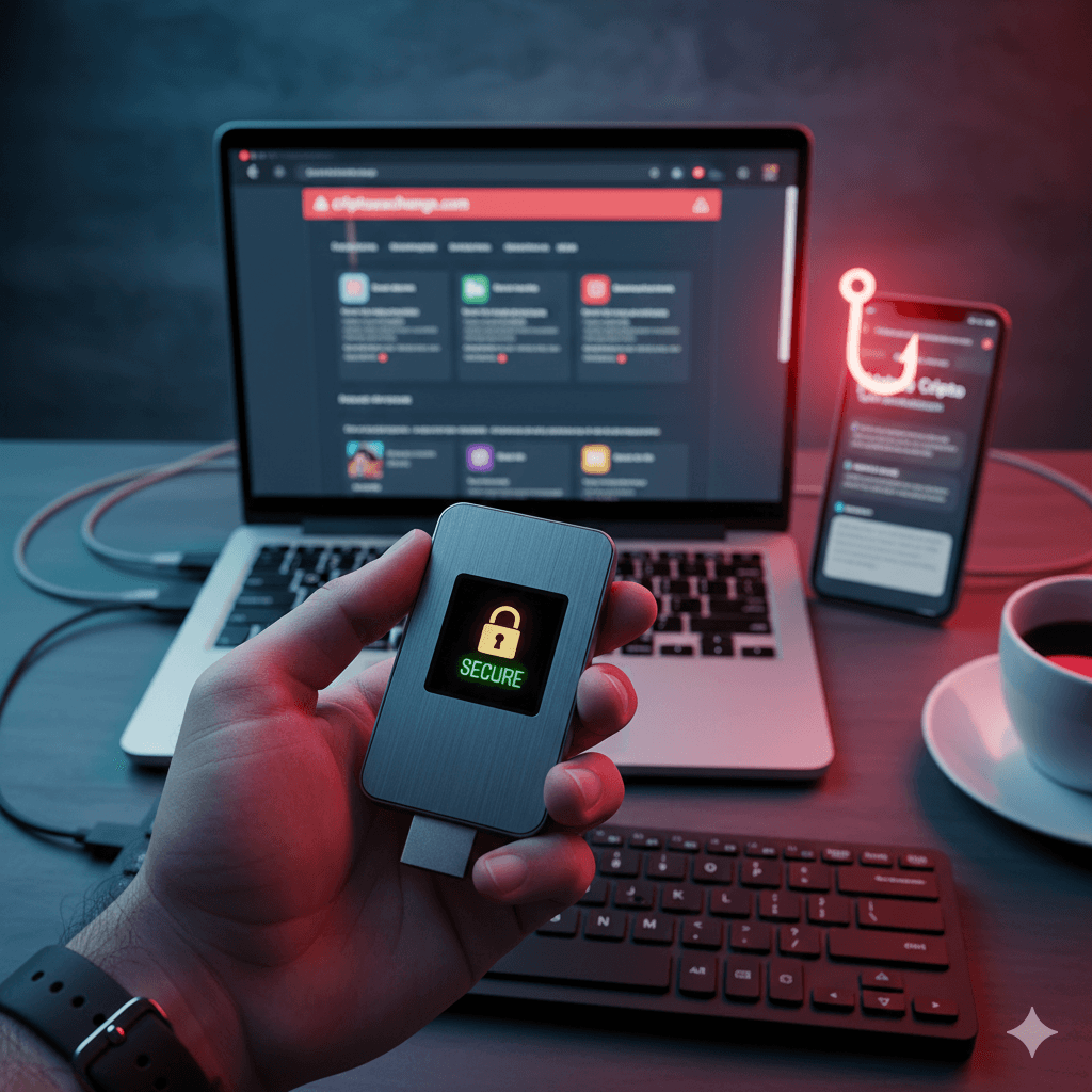 Mão masculina segurando uma hardware wallet segura em frente a um computador com alerta de phishing de criptomoedas e um anzol digital brilhante.
