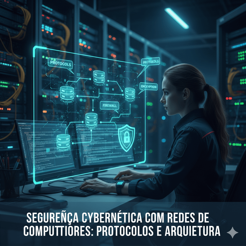 Especialista técnico monitorando infraestrutura de rede segura com interface holográfica de protocolos e firewalls em um data center moderno.