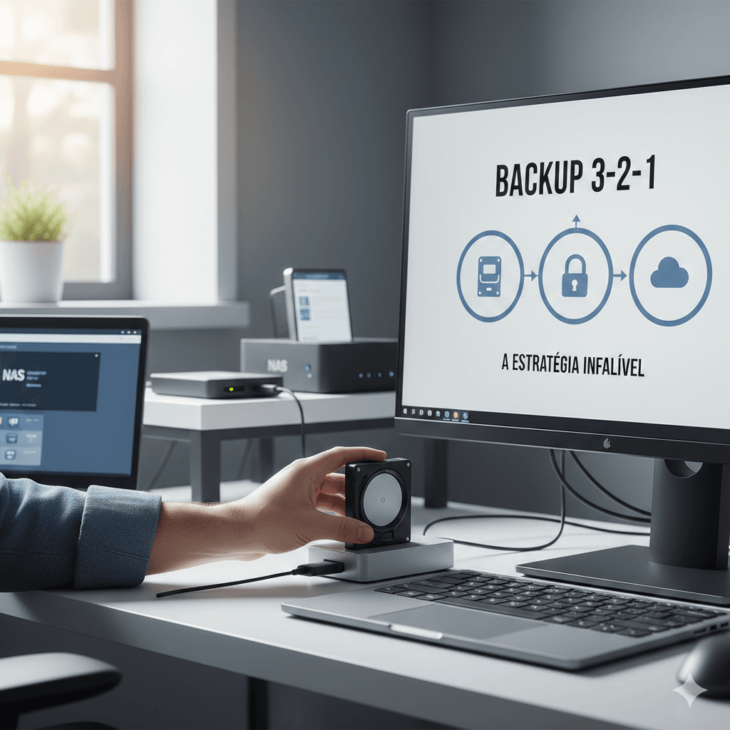 Mesa de escritório com computador e HD externo, representando a estratégia de backup 3-2-1.
