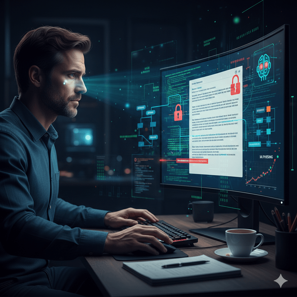 Especialista em cibersegurança analisando e-mail malicioso gerado por IA em monitor com gráficos de segurança digital e alertas de phishing.