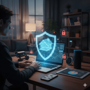 Homem auditando segurança de Smart Home em notebook com escudo digital e ícones de dispositivos IoT.