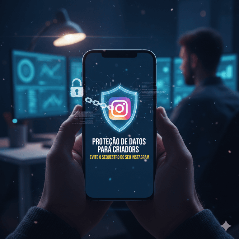 Mãos segurando smartphone exibindo escudo de proteção sobre o ícone do Instagram em ambiente tecnológico de criador de conteúdo.