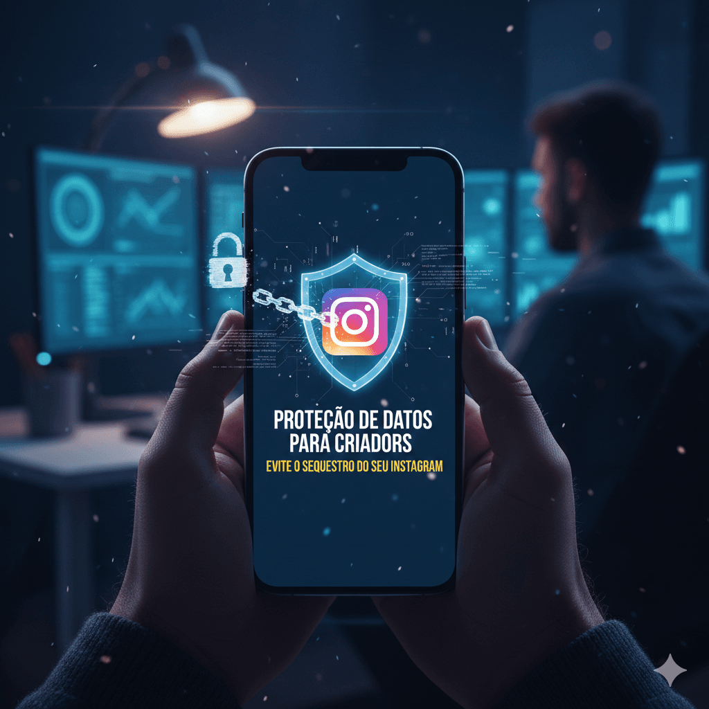 Mãos segurando smartphone exibindo escudo de proteção sobre o ícone do Instagram em ambiente tecnológico de criador de conteúdo.