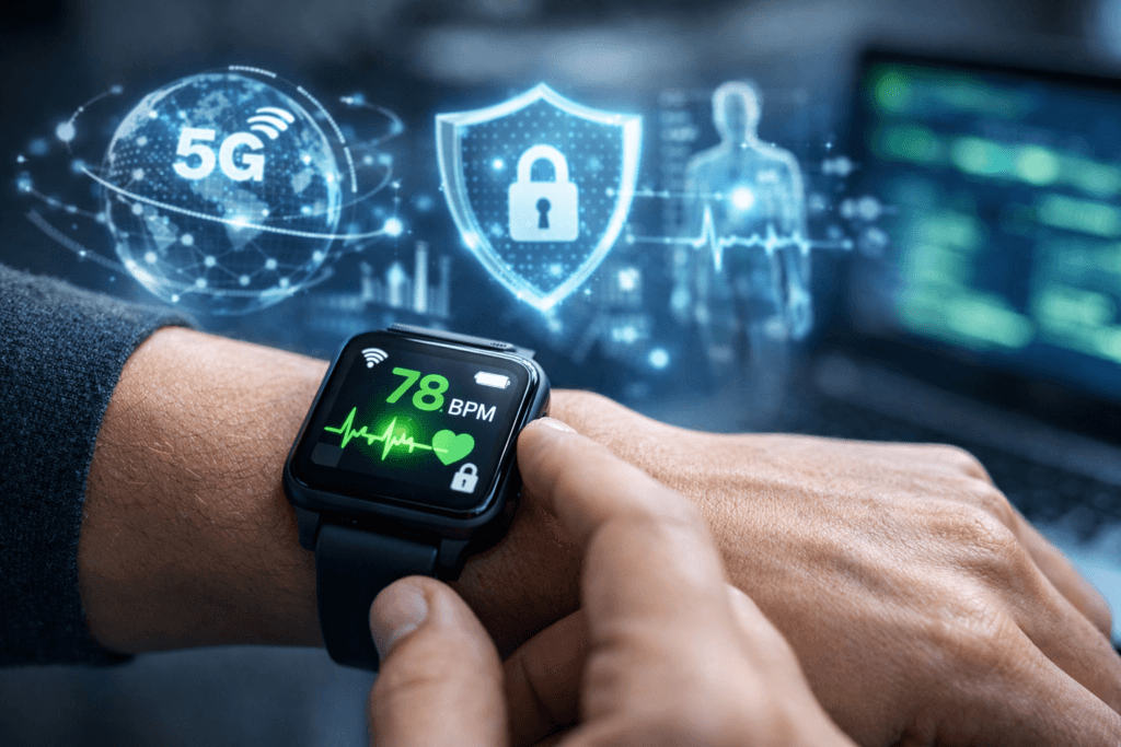 Impacto do 5G na segurança de dispositivos vestíveis com smartwatch exibindo dados biométricos protegidos