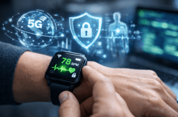 Impacto do 5G na segurança de dispositivos vestíveis com smartwatch exibindo dados biométricos protegidos