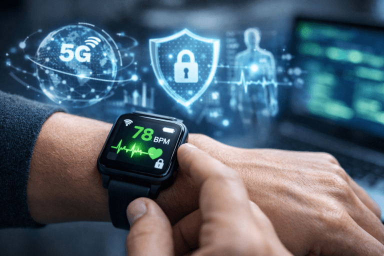 Impacto do 5G na segurança de dispositivos vestíveis com smartwatch exibindo dados biométricos protegidos