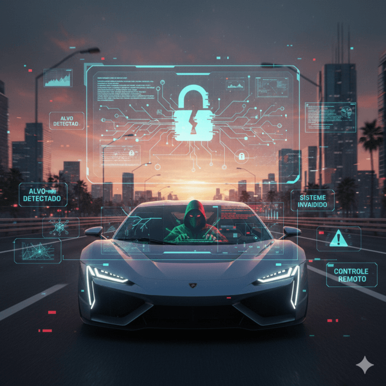 Fotografia realista de um carro esportivo conectado em uma rodovia urbana ao pôr do sol, com sobreposição de interfaces digitais de hacking, códigos e um cadeado digital quebrado, ilustrando vulnerabilidades em carros conectados.