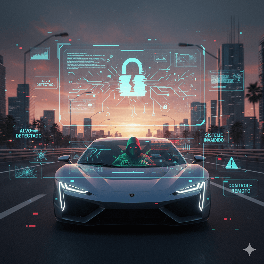 Fotografia realista de um carro esportivo conectado em uma rodovia urbana ao pôr do sol, com sobreposição de interfaces digitais de hacking, códigos e um cadeado digital quebrado, ilustrando vulnerabilidades em carros conectados.